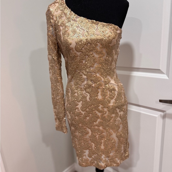 Elegant Gold One Shoulder Dress - Picture 4 of 9
